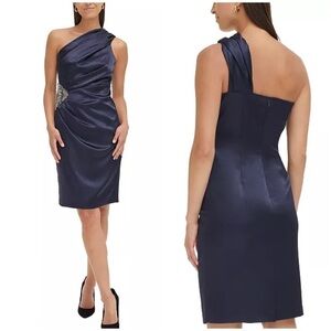 Eliza J Satin One Shoulder Cocktail Formal Dress Navy Blue Sz 6 Embellish Beads